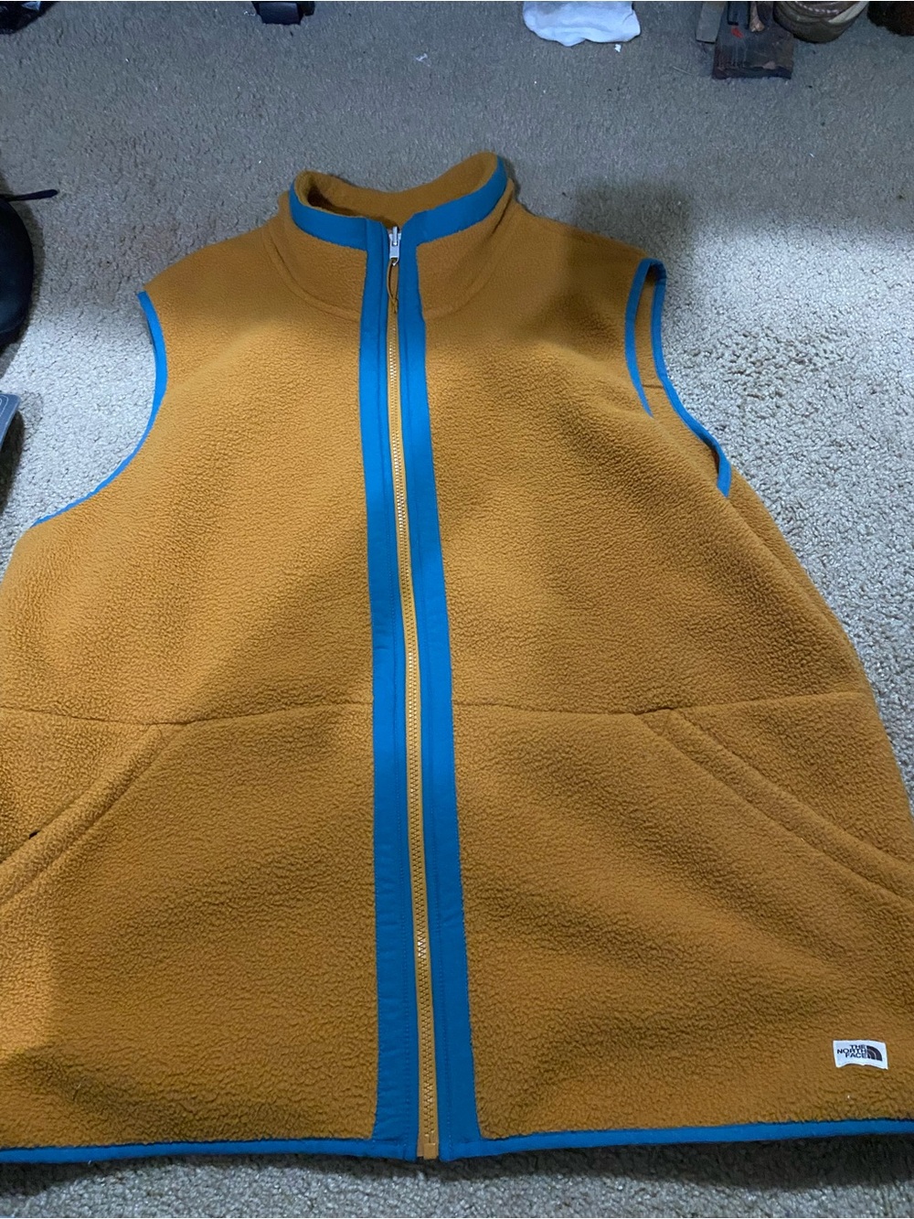 The North Face Mustard Fleece Vest with Blue Trim